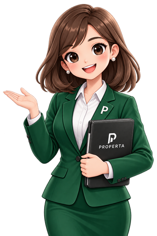 Perta มาสคอตและ Brand Ambassador ของ PROPERTA ชุดสูทเขียว เข็มกลัด P และแฟ้มโลโก้บริษัท